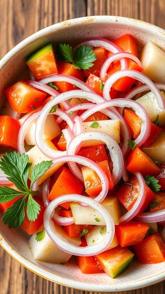 A colorful onion salad with red onions, tomatoes, cucumbers, and parsley in a bowl, on a wooden table.
